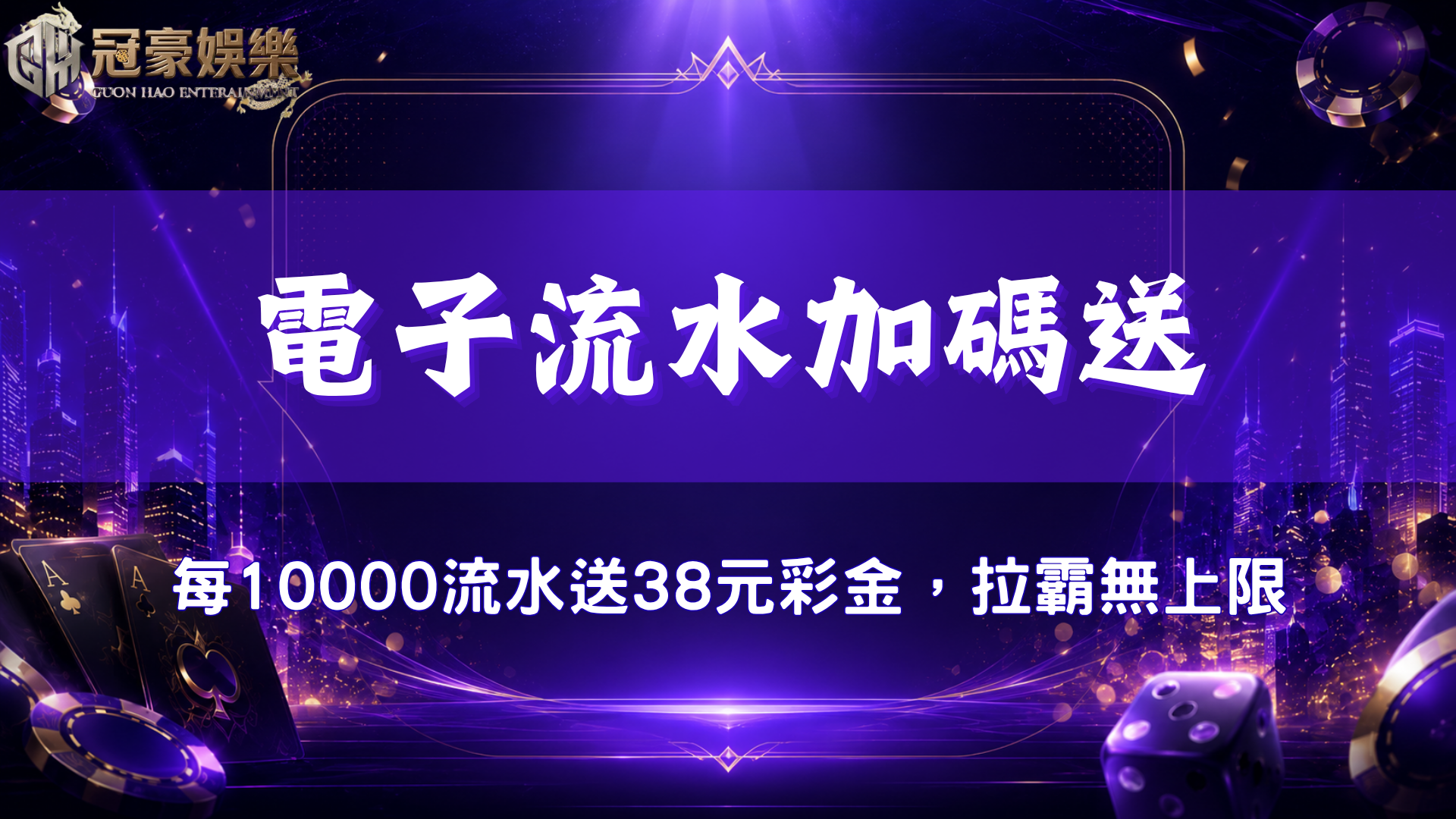 冠豪娛樂城電子流水加碼活動，每1萬元流水送38元彩金，拉霸回饋無上限