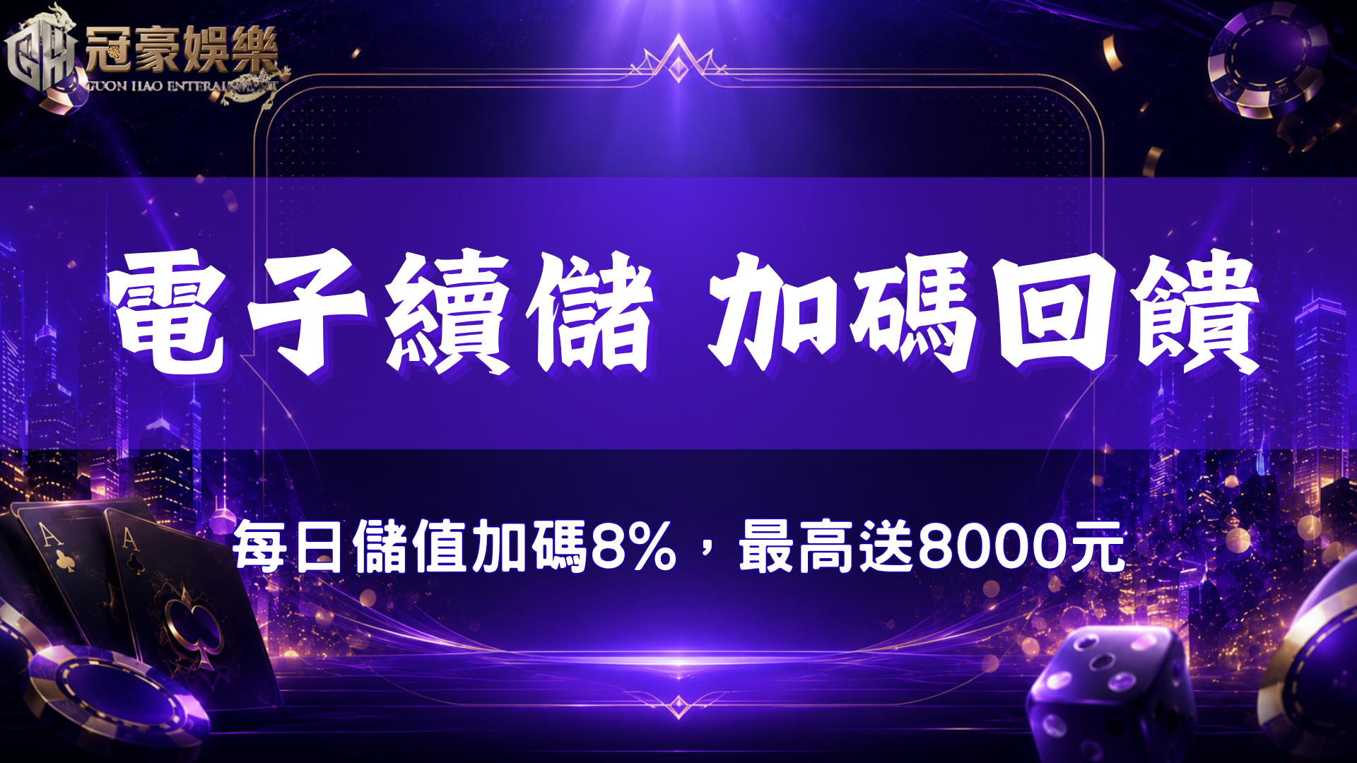 冠豪娛樂城電子續儲加碼回饋，每日儲值加碼8%，最高送8000元