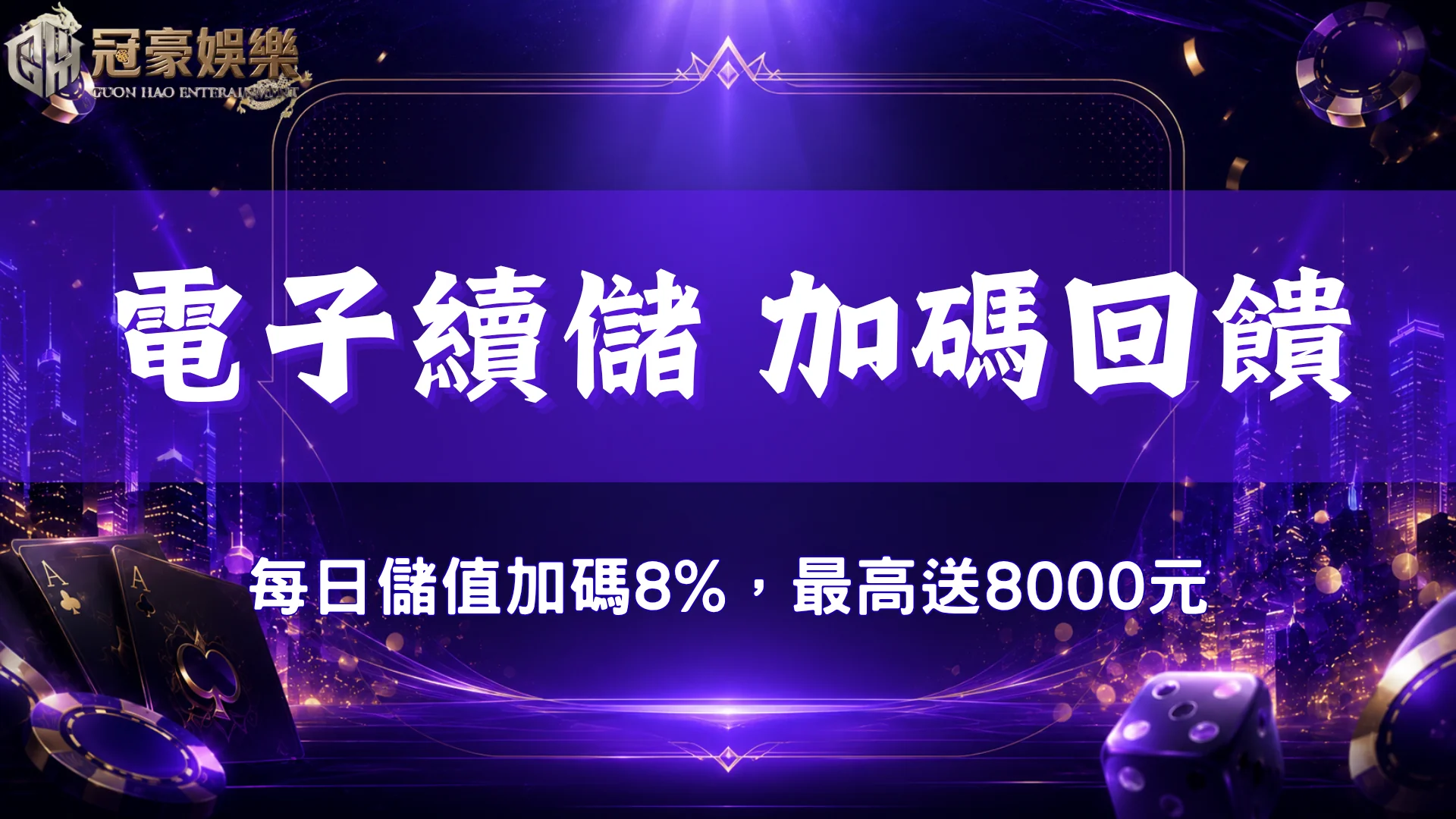冠豪娛樂城電子續儲加碼回饋，每日儲值加碼8%，最高送8000元